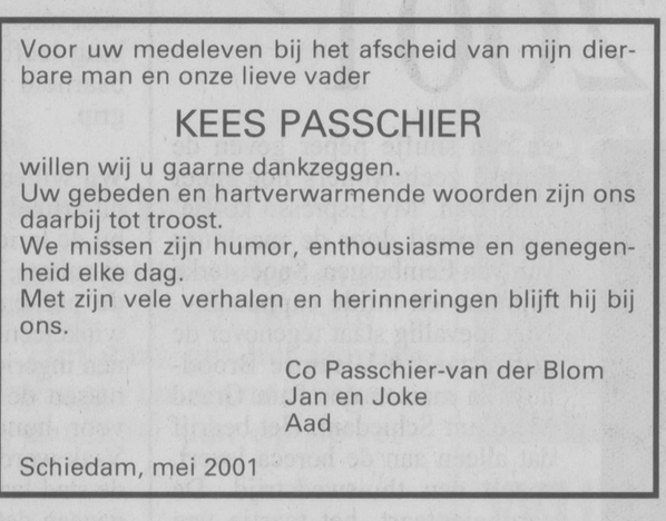Dankbetuiging na het overlijden van Kees, mei 2001